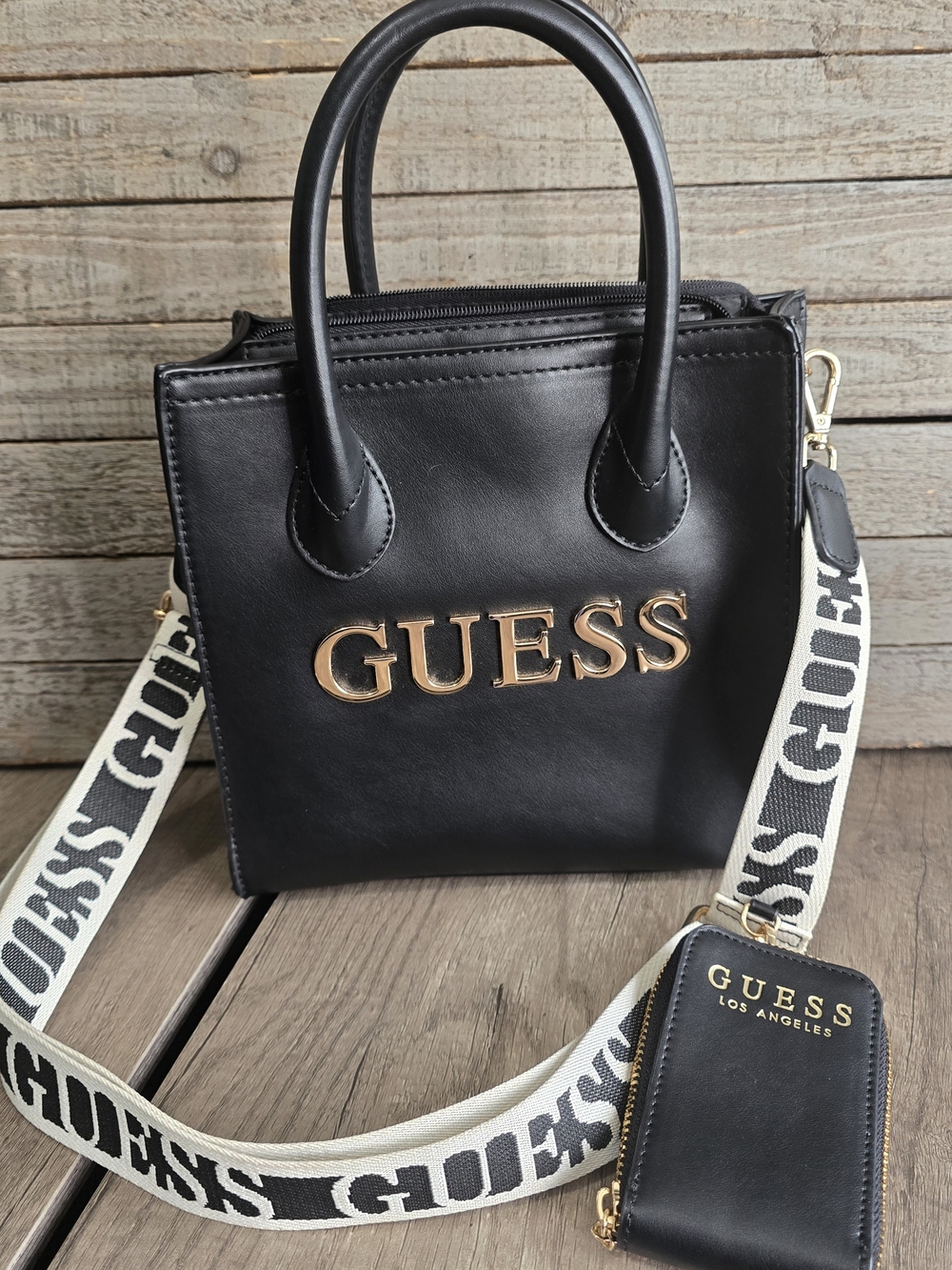 Guess Black Crossbody Tote with White Branded Strap